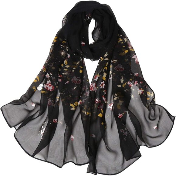 Women's Black Fashion Lightweight Head Scarf Floral Print Chiffon Scarves - Picture 1 of 7